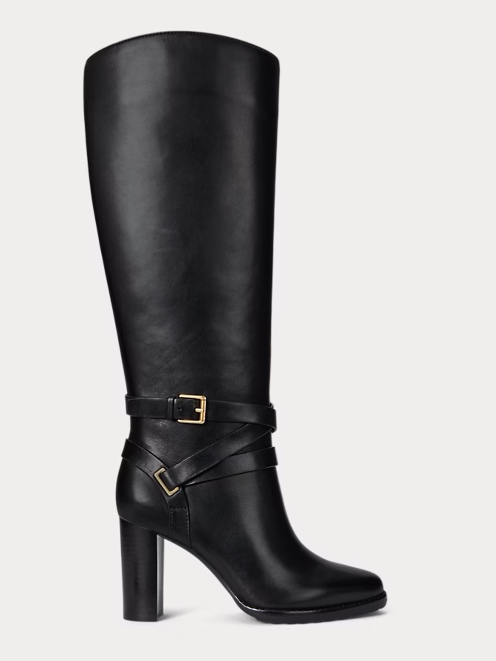Lauren Ralph Lauren Collins Black Burnished Leather Tall Boot Heel, Size 11, NEW